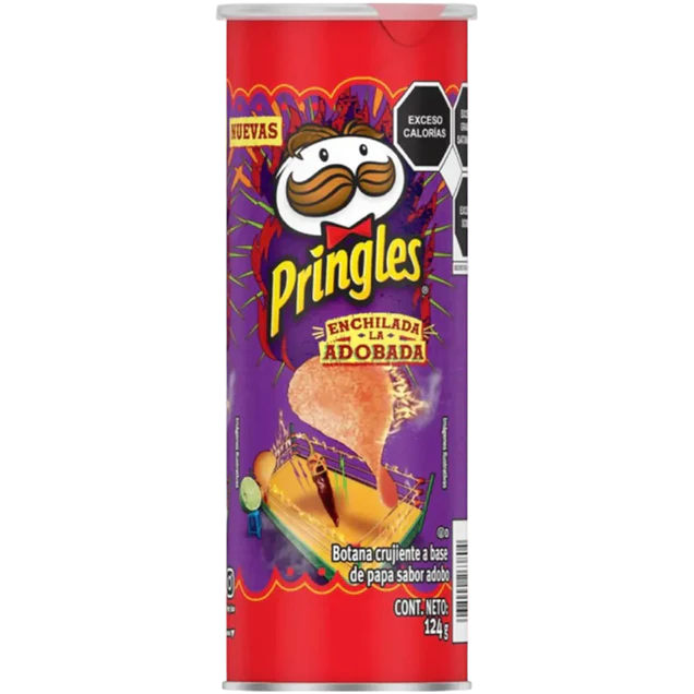 Front of Pringles Adobadas can showing logo, adobada flavour label, and a vibrant design (124g pack)