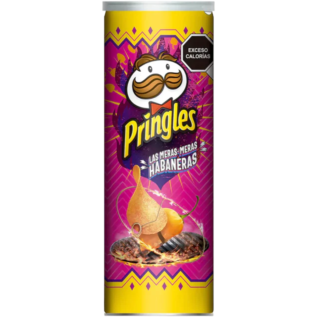 Front of Pringles Habanero can showing bold logo, bright pink design, and spicy habanero flavour label (124g container)