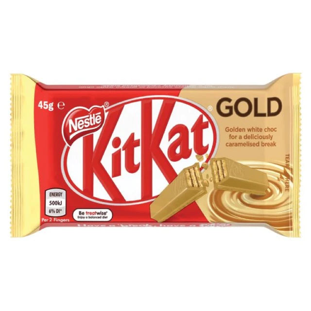Front of a Kit Kat Gold wrapper showing the Kit Kat logo, golden white chocolate, and caramel design (45g pack)