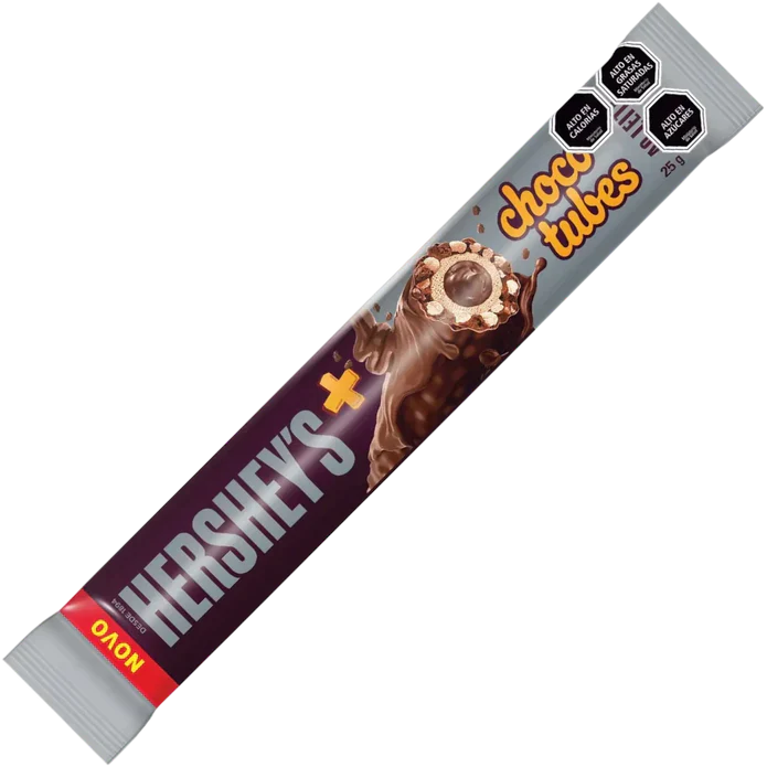 Front of Hershey's Choco Tubes Creamy Milk showing logo and images of creamy chocolate tubes (25g pack)