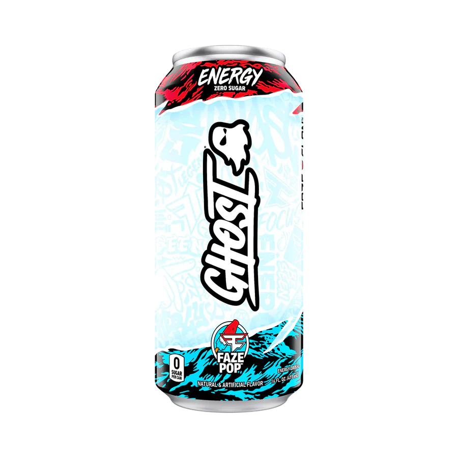 Front of Ghost Faze Pop Energy Drink can featuring the Ghost logo, vibrant design, and details about being zero sugar (473ml)