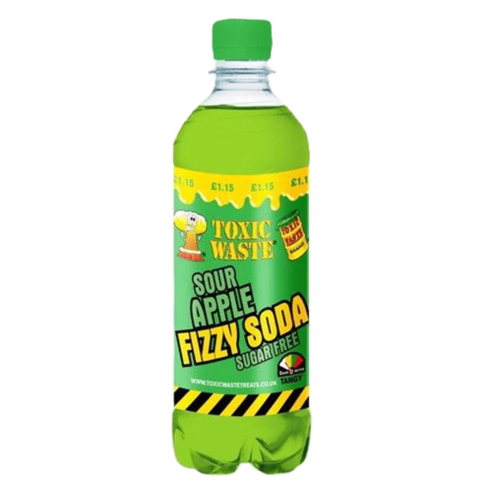 Front of Toxic Waste Sour Apple Fizzy Soda bottle showing green label with sour apple and fizzy soda details, 500ml pack size