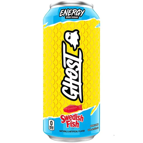 Front of Ghost Swedish Fish Energy Drink can, featuring a bright design with the Ghost logo, Swedish Fish flavour label, and 473ml volume indication.