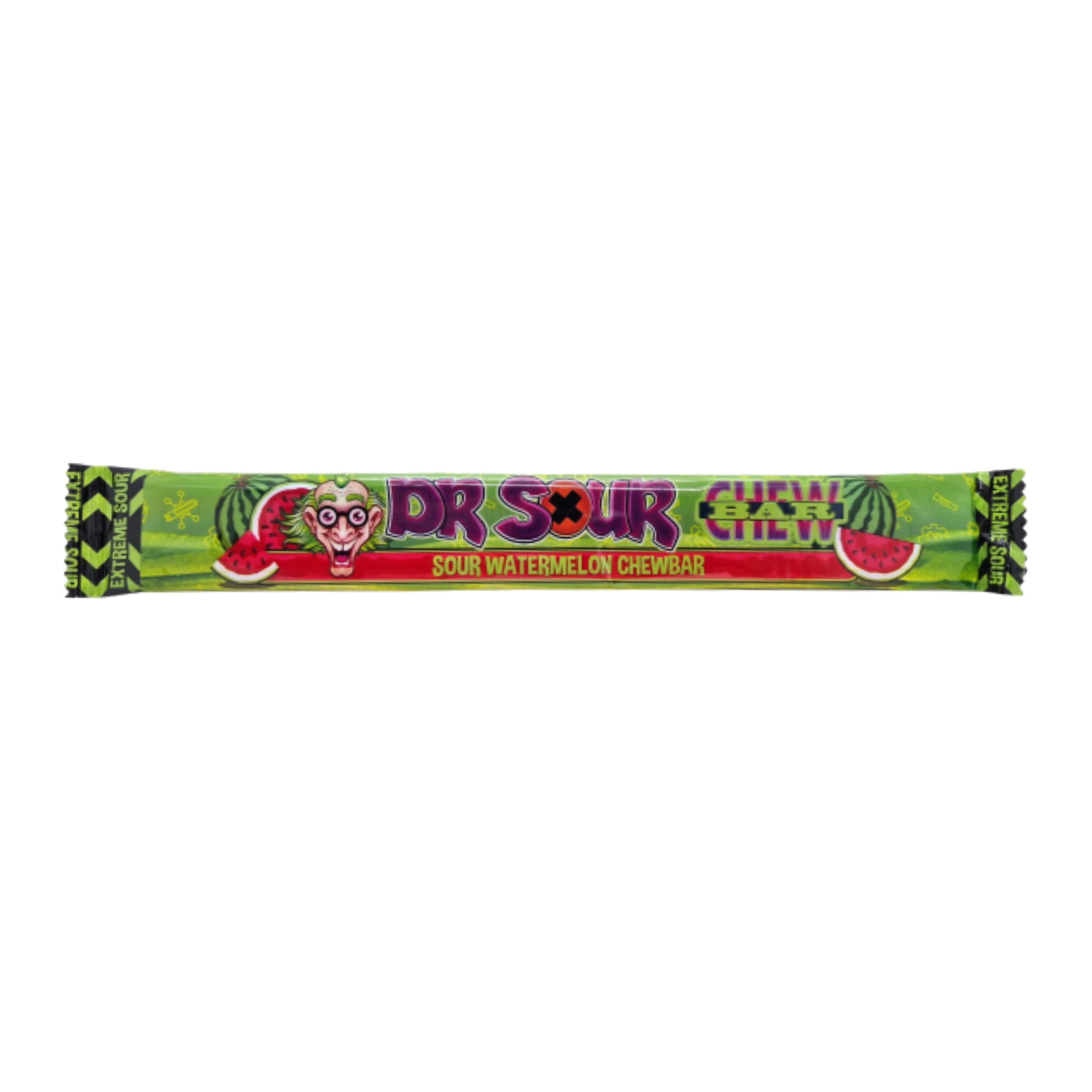 Front of Dr Sour Watermelon Chewbar wrapper showing bright green and pink design, featuring the product name and extreme sour watermelon flavour (50g)