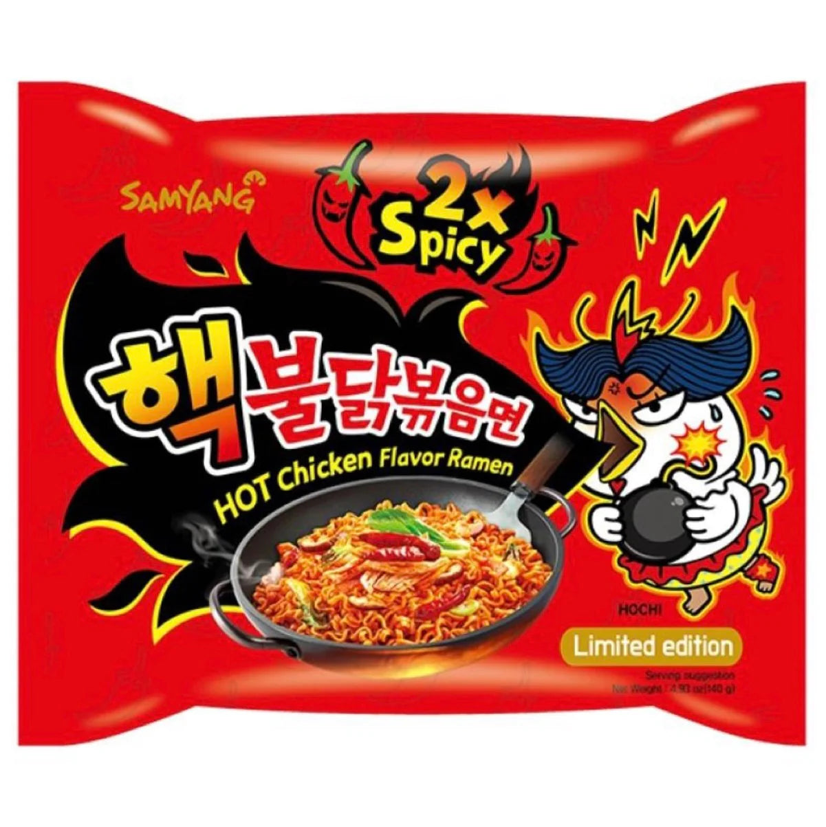 Front of Samyang Buldak 2x Spicy Hot Chicken Flavour Ramen Noodles showing fiery red packaging, hot chicken flavour label, and image of noodles in a pan (145g pack)