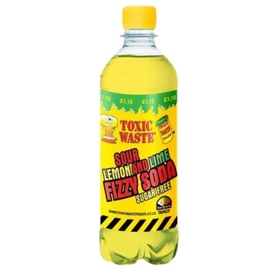 Front of Toxic Waste Sour Lemon & Lime Fizzy Soda bottle displaying bright yellow label, logo, flavour details, and 500ml pack size.