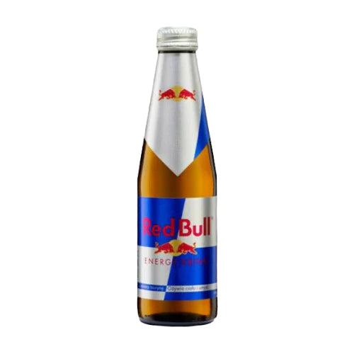 Front of Red Bull Energy Drink Glass Bottle showing the logo, blue and silver design, and 250ml capacity label