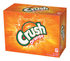 Front of Crush Orange Soda case showing the bold Crush logo, bright orange background, and a pack of 12 cans (355ml each)