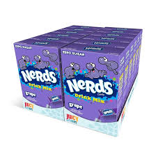 Front of Nerds Grape Singles To Go box showing purple logo, grape flavour label, and 12 pack of drink mixes (194.4g)