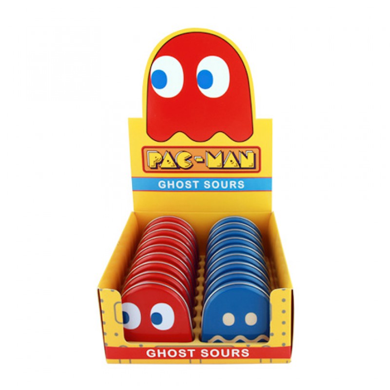 Front of Pac-Man Ghost Sours Tin showing the red and blue ghost design with the Pac-Man logo (28.3g tin)
