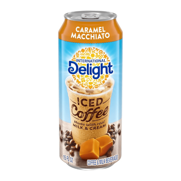 Front of International Delight Caramel Macchiato Iced Coffee Can showing coffee drink with caramel accents and branding (443ml can)