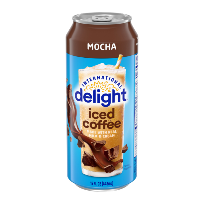 Front of International Delight Mocha Iced Coffee Can showing mocha flavour, made with real milk and cream, and 443ml pack size.
