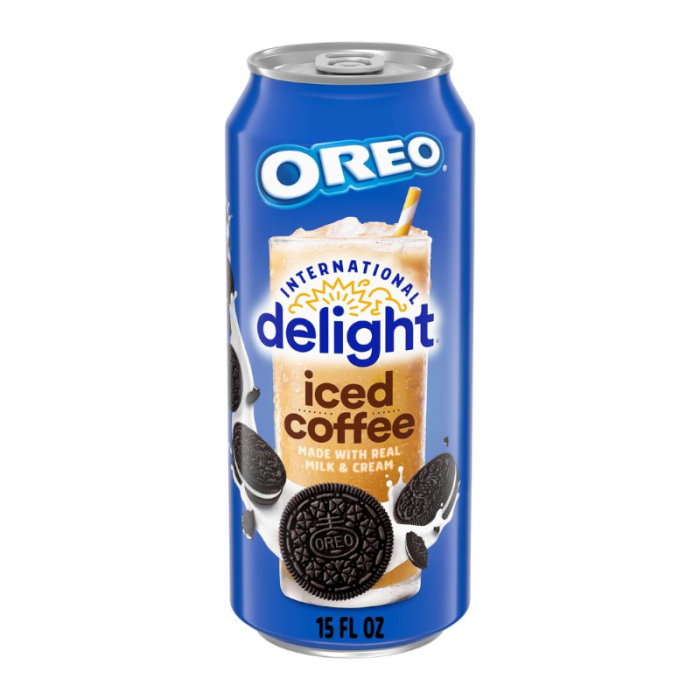 Front of Oreo Iced Coffee Can (443ml) featuring the Oreo logo, iced coffee description, and image of cookies on the label