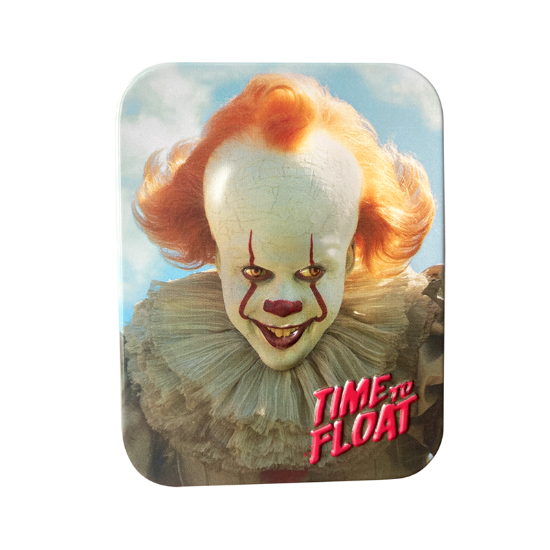 Front of IT Pennywise Time To Float Balloon Candy Tin featuring the playful character design and vibrant graphics, 42g pack