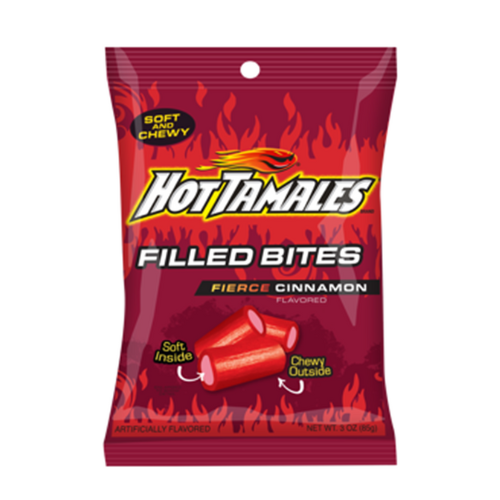 Front label of Hot Tamales Filled Bites (85g), displaying flavour and branding.