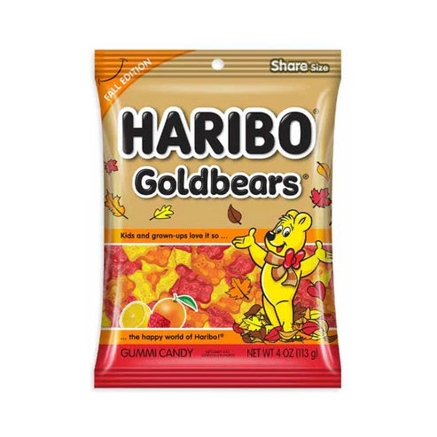 Front of Haribo Gold Bears Fall Edition bag showing the logo, colourful gummies, and seasonal autumn-themed design (113g pack)