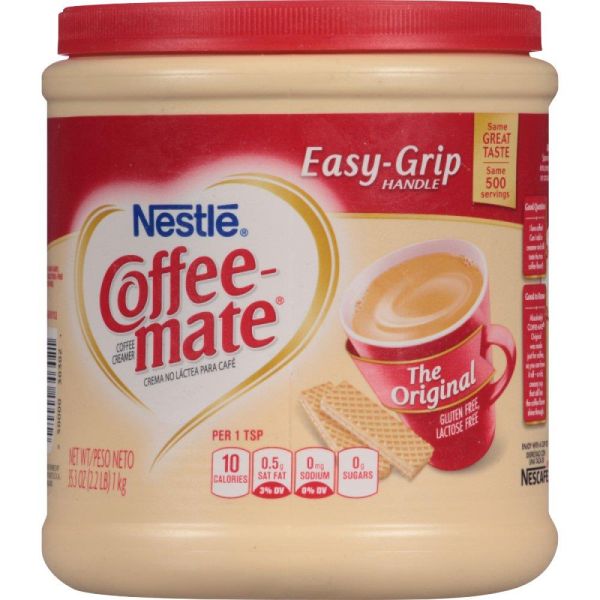 Front of Coffee-Mate Original Coffee Creamer tub showing red logo, creamy coffee image, and details including gluten-free and lactose-free claims (1kg pack)