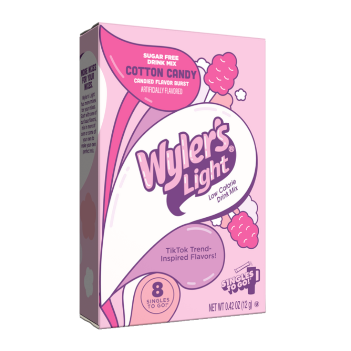 Front of Wyler's Light Singles To Go Watertok Cotton Candy drink mix box displaying pink logo and cotton candy flavour (12g pack)