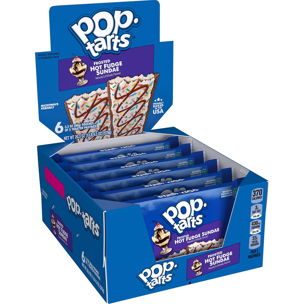 Front of a Pop Tarts Frosted Hot Fudge Sundae 12 Pack showing brand logo, flavour details, and visual of the pastries with frosting and sprinkles (576g pack)