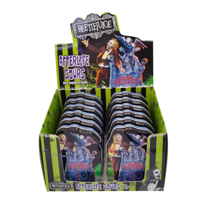 Front of Beetle Juice Afterlife Sours Tin showing blue raspberry candy and vibrant graphic design (42g pack)