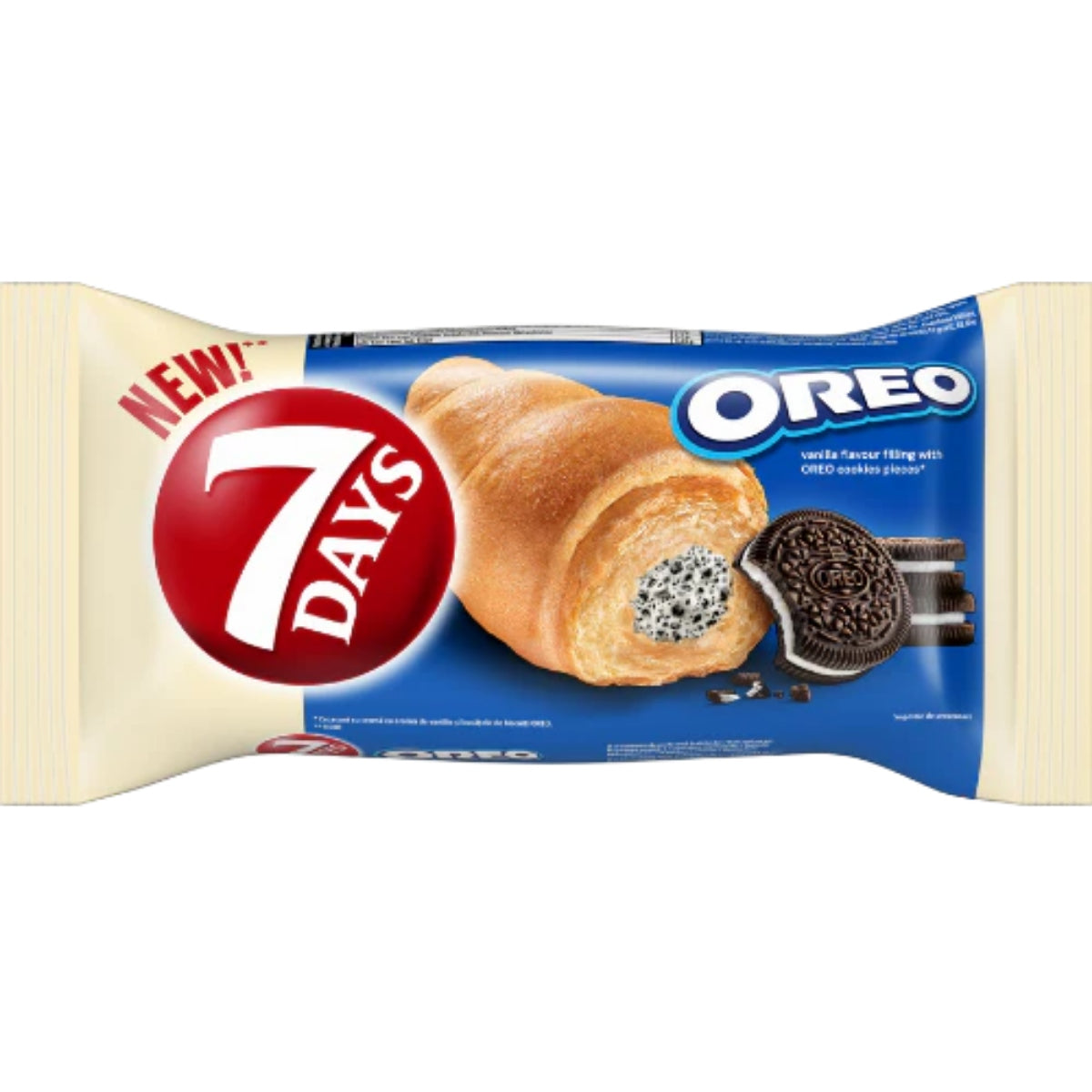 Front of 7 Days Oreo Cookies & Cream Croissant packaging showing a croissant with vanilla flavour filling and Oreo pieces, 70g