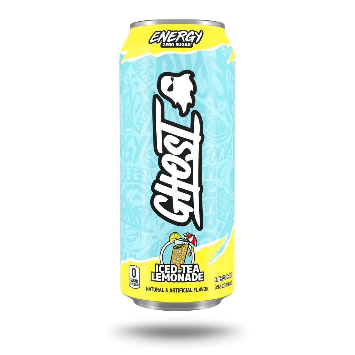 Front of Ghost Iced Tea Lemonade can showing logo, iced tea lemonade flavour, and 473ml pack size