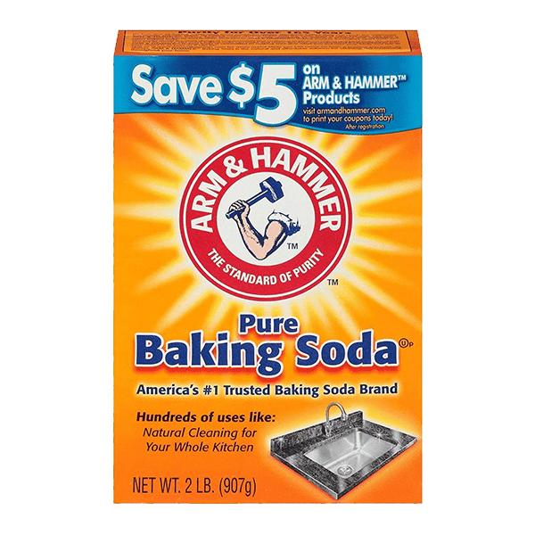 Front of Arm & Hammer Pure Baking Soda package showing brand logo, product name, and 907g label with kitchen cleaning image