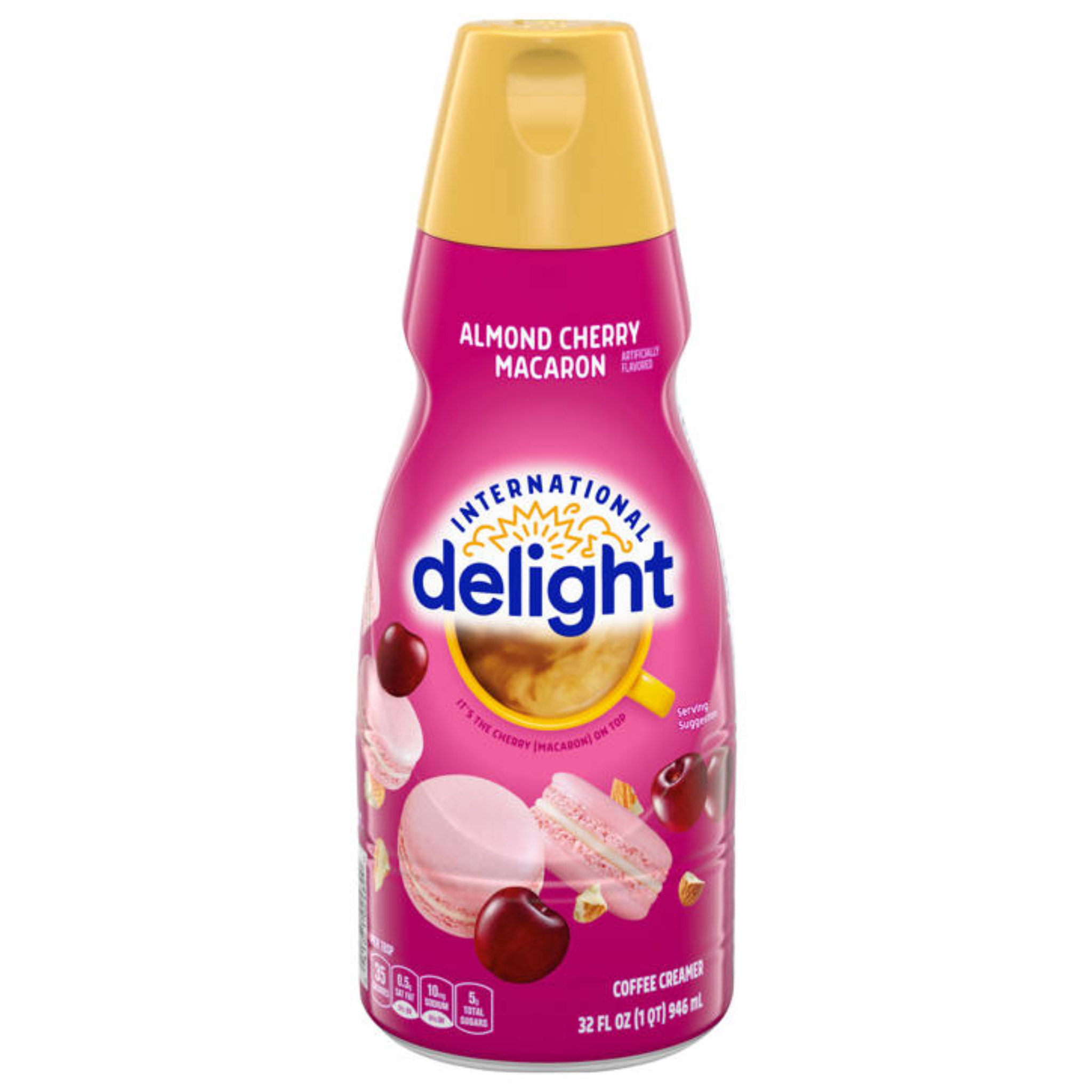 Front of International Delight Almond Cherry Macaron Coffee Creamer bottle featuring vibrant pink design and cherry macaron imagery (946ml)