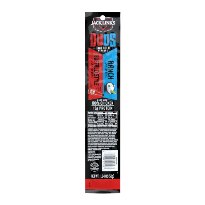 Front of Jack Link's Frank's RedHot Buffalo+Ranch Chicken Sticks package showing bold logo and flavour details (52g pack)