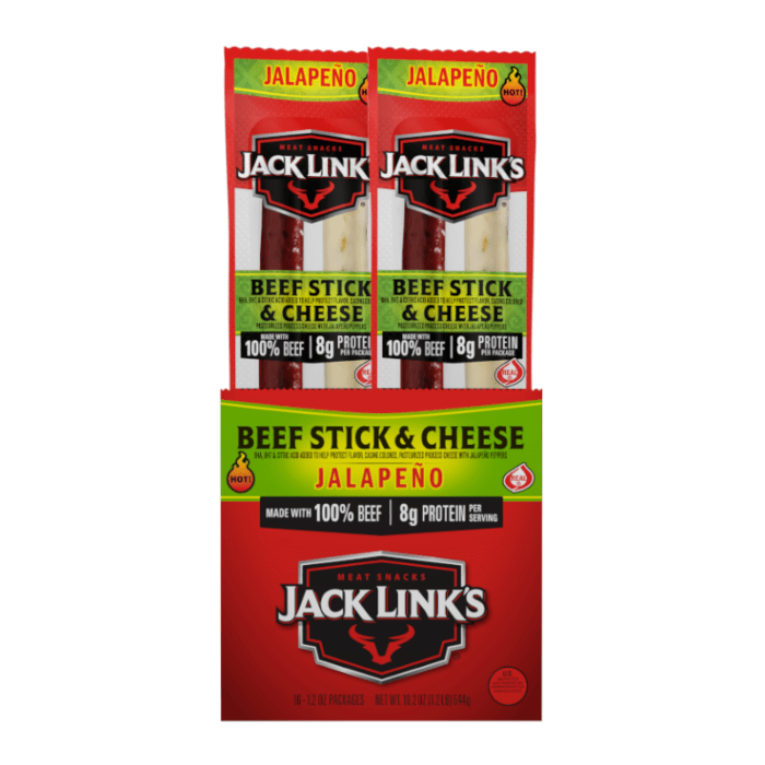 Front of Jack Link's Jalapeno Beef Stick & Cheese package showing red and green design with beef stick and cheese shown, 34g pack size.