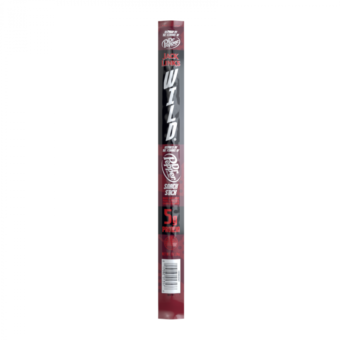 Front of Jack Link's Wild Dr Pepper Snack Stick featuring the bold logo, Dr Pepper flavour label, and 28g packaging details.