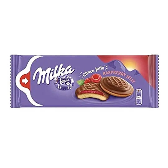 Front of Milka Raspberry Jaffa Cakes pack featuring Milka logo, raspberry jelly flavour details, and images of the cakes (147g pack)