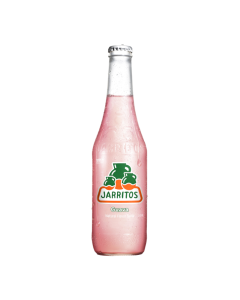 Front of Jarritos Guava bottle showcasing the green logo and vibrant guava drink in a 370ml glass bottle.