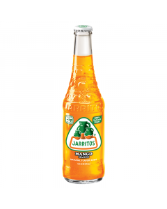 Front of Jarritos Mango bottle featuring bright orange drink, logo, and mango flavour label (370ml)