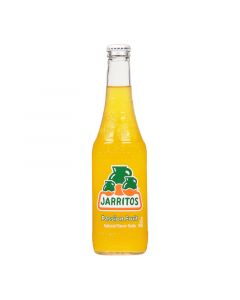 Front of Jarritos Passion Fruit bottle featuring vibrant yellow colour, brand logo, and passion fruit flavour label (370ml).