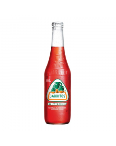 Front of Jarritos Strawberry bottle featuring the vibrant logo, strawberry flavour label, and 370ml size indication.
