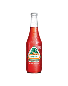 Front of Jarritos Watermelon glass bottle showing bright label, watermelon flavour, and 370ml pack size.