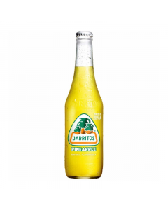 Front of Jarritos Pineapple bottle showing vibrant yellow colour, logo, and pineapple flavour label (370ml)