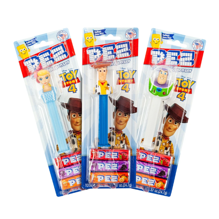Front of PEZ Toy Story 4 Blister Pack showing character dispensers, vibrant packaging, and logo with a total of 24.7g sweets included.