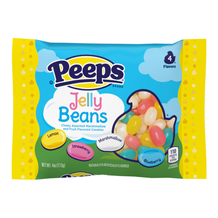 Front of Peeps Marshmallow Flavour Jelly Beans package showing bright colours, marshmallow flavour label, and assorted jelly bean pieces (113g pack)