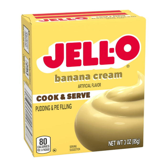 Front of Jell-O Banana Cream Pudding Instant Mix 96g box showing yellow packaging, banana cream flavour, and pudding description.