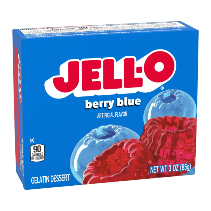 Front of Jell-O Berry Blue Gelatin box showing bright blue packaging, berry blue flavour label, and image of gelatin desserts (85g pack)