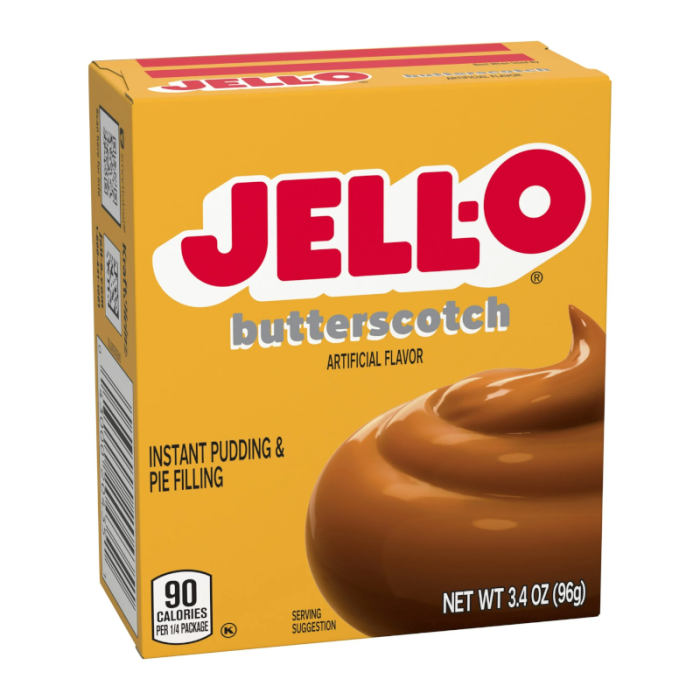 Front of Jell-O Butterscotch Pudding box featuring a bright yellow background, Jell-O logo, and image of creamy pudding (85g pack)