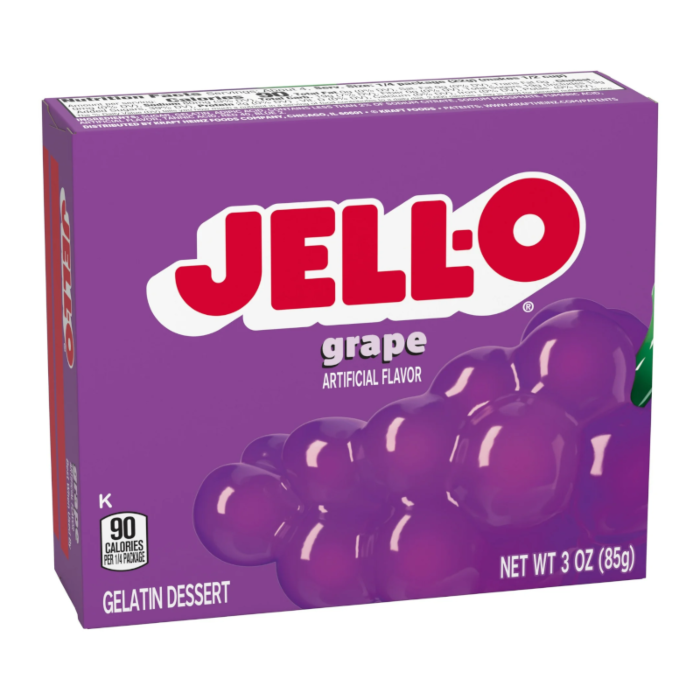 Front of Jell-O Grape Gelatin box featuring bold red logo, grape flavour label, and 85g size indication