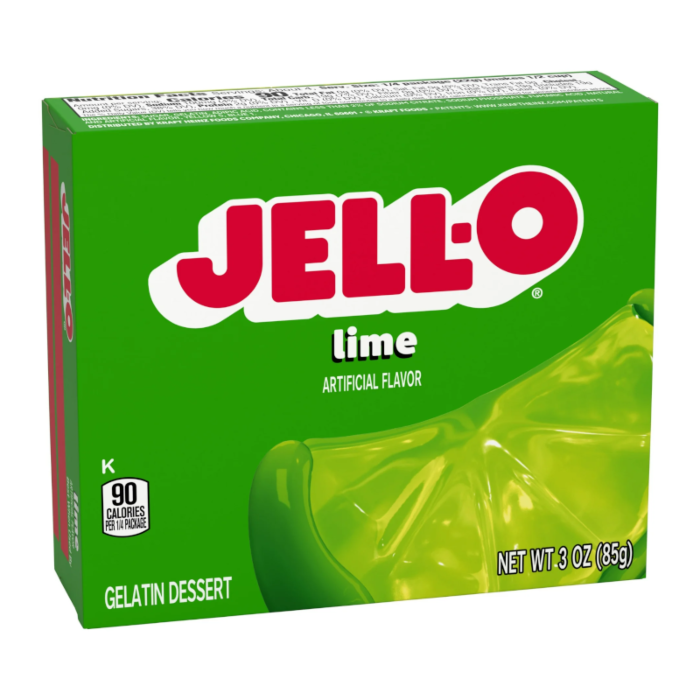 Front of Jell-O Lime Gelatin box featuring green packaging, bold red logo, and lime flavour label (85g pack)