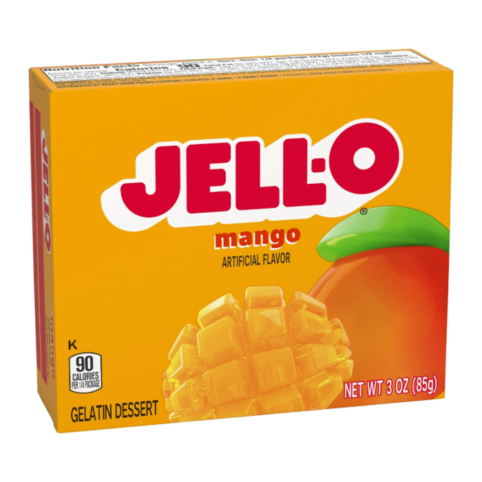 Front of Jell-O Mango Gelatin box featuring the logo and vibrant mango graphics with bright orange background (85g pack)
