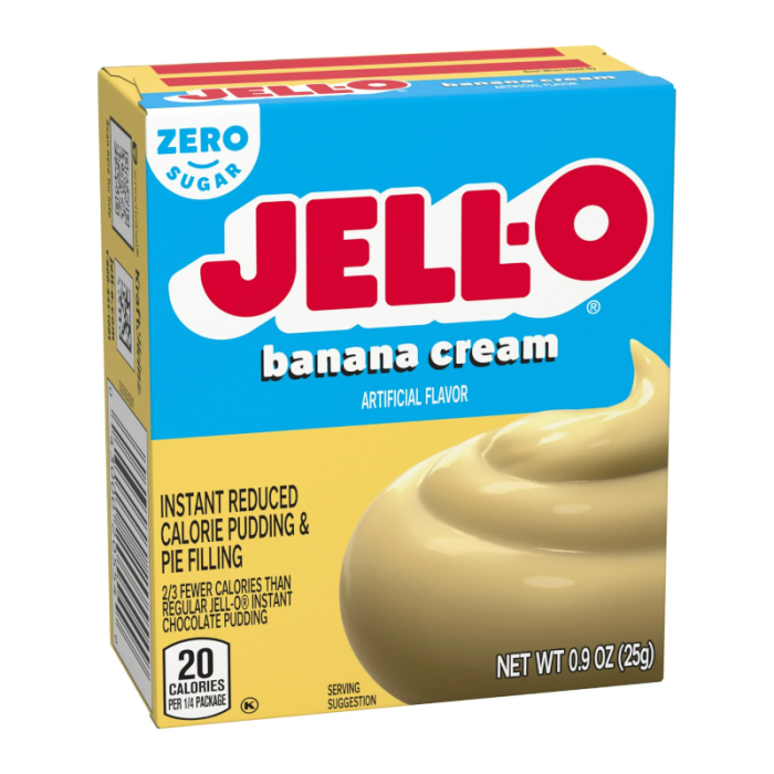 Front of Jell-O Sugar Free Banana Cream Instant Mix package showing blue logo and creamy banana pudding image (25g pack)