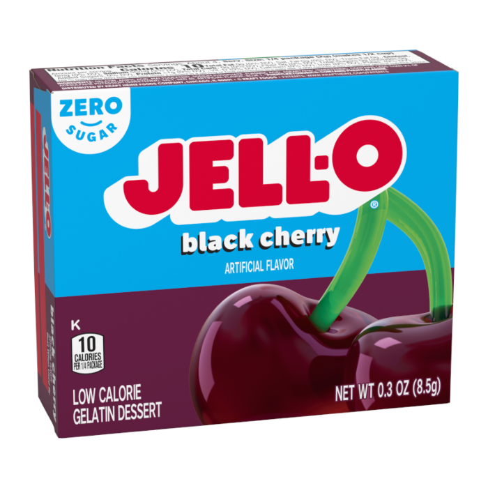 Front of Jell-O Sugar Free Black Cherry Gelatin box featuring blue and red design, black cherry flavour and 85g pack size.