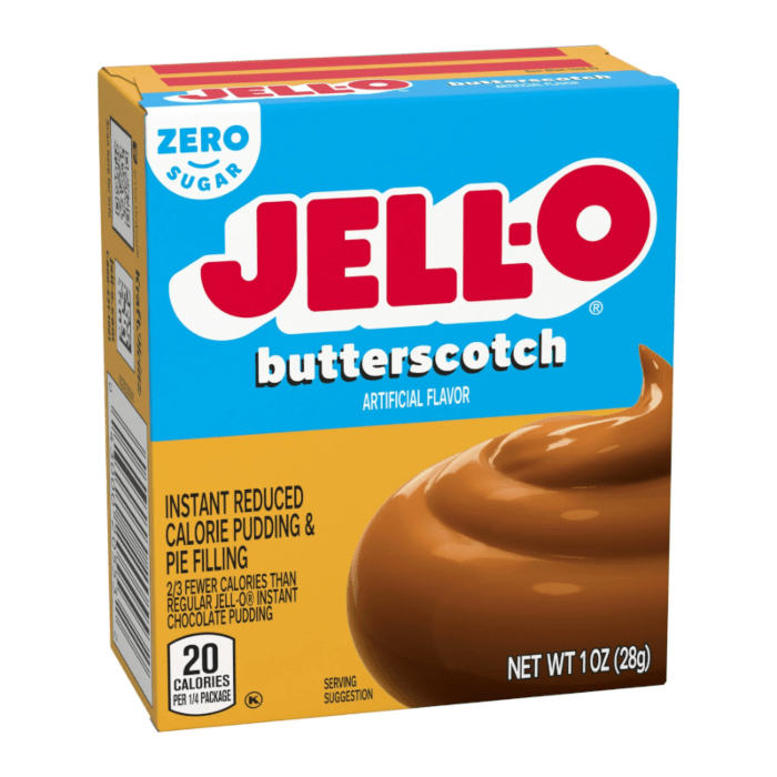 Front of Jell-O Sugar Free Butterscotch Pudding Instant Mix box showing logo, butterscotch flavour label, and creamy pudding image (28g pack)