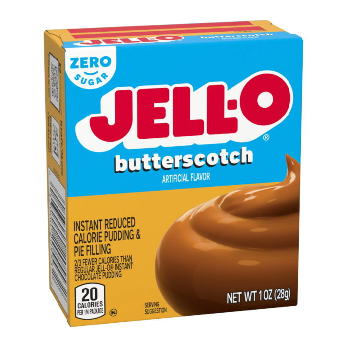 Front of Jell-O Sugar Free Butterscotch Pudding Instant Mix box showing logo, butterscotch flavour label, and creamy pudding image (28g pack)